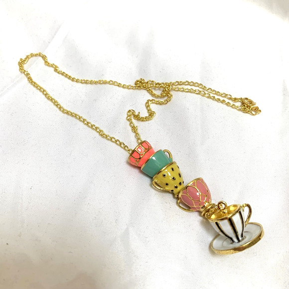 Multicolor Teacups & Saucers Necklace Drop Pendant Enameled Cups Gold Tone Chain - Picture 13 of 15